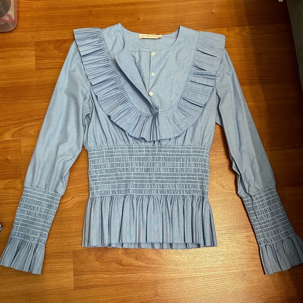 Tory Burch Light Blue Ruffled Blouse